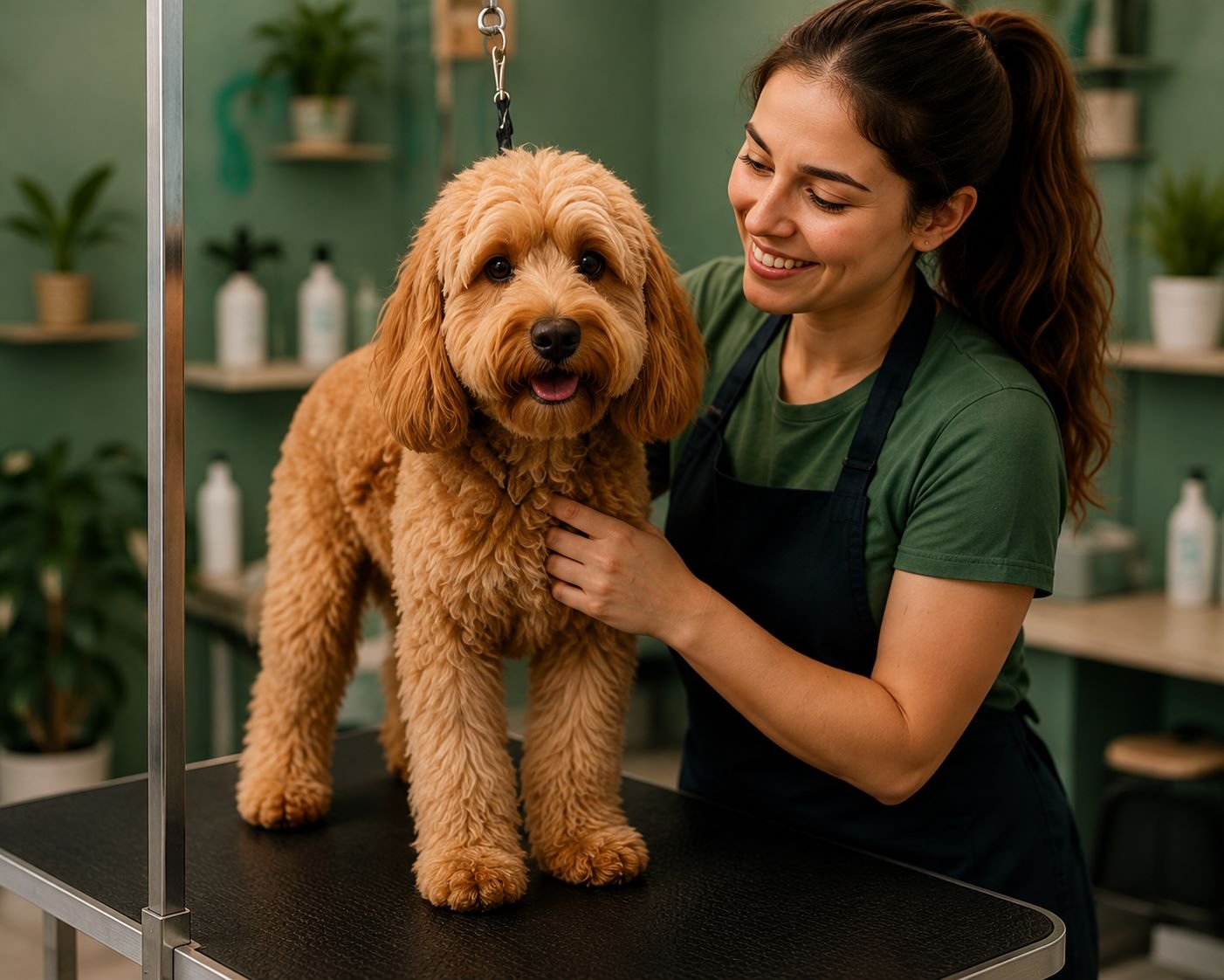 Pet groomer with dog using BookedHQ
